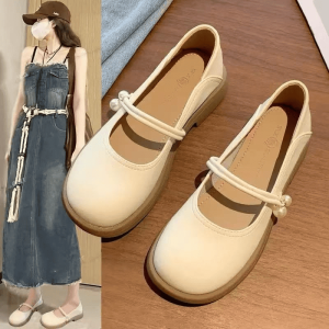 Women Flat Mary Jane Shoes Casual Soft Leather Walking Shoes Beige