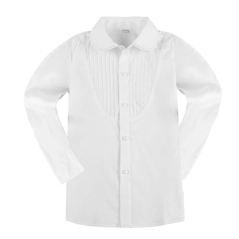 Girls white pleated long sleeve cotton blouse, crescent turn collar british style school uniform shirt