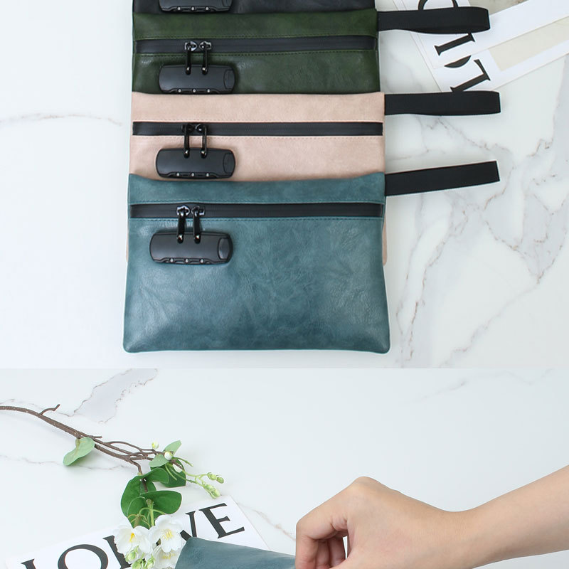 PU Leather Document Bag with Combination Lock, Waterproof Anti-theft Travel Passport Organizer Storage Pouch - Image 2