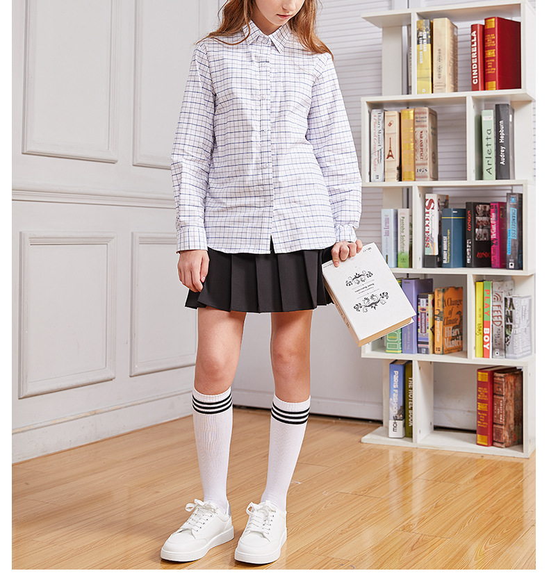Boys Girls Cotton Plaid Shirt, Long Sleeve College Style School Uniform Blouse, Children Casual Button Down Shirt For School Daily Wear - Image 2
