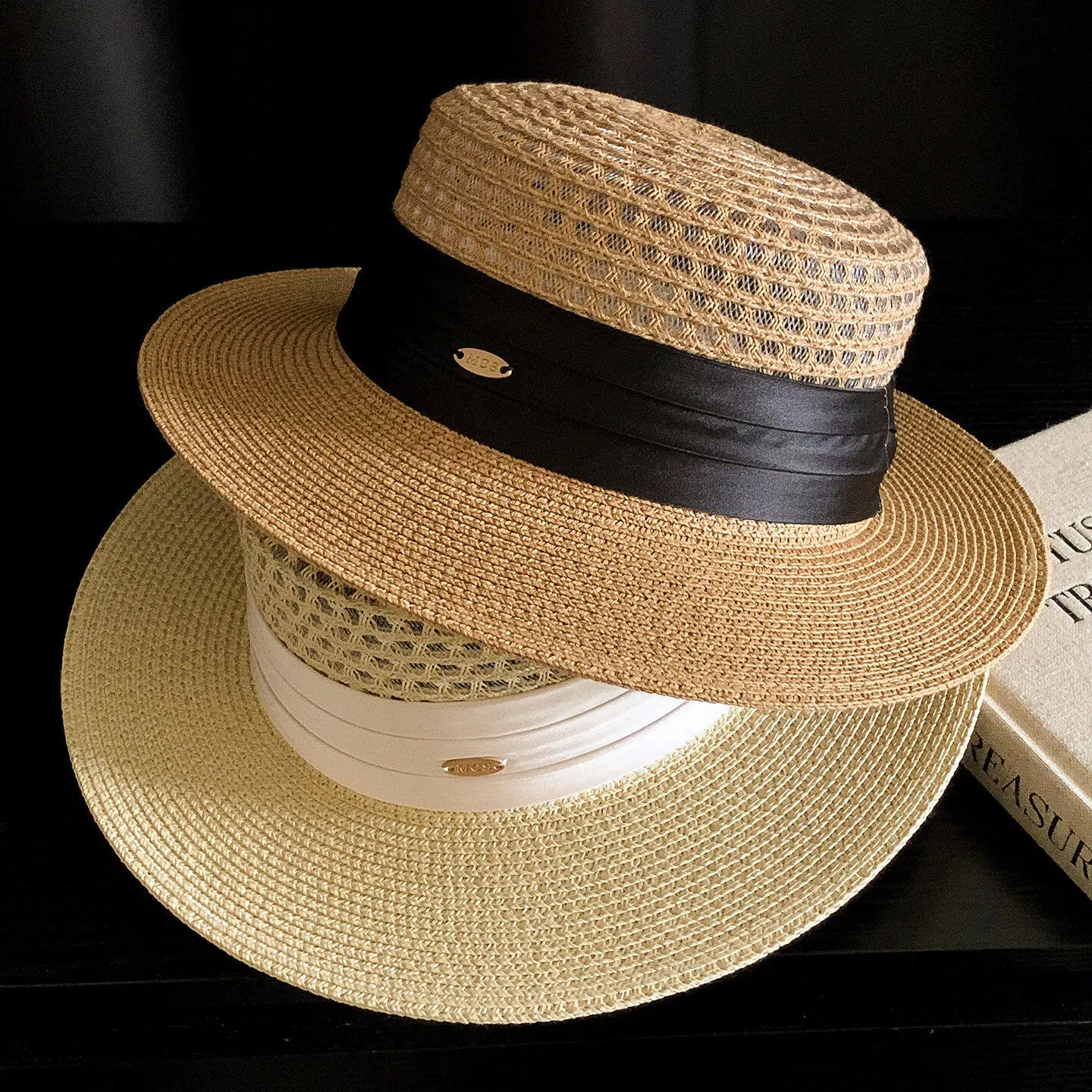 Women Flat Top Straw Boater Hat with Ribbon Wide Brim Summer Sun Hat